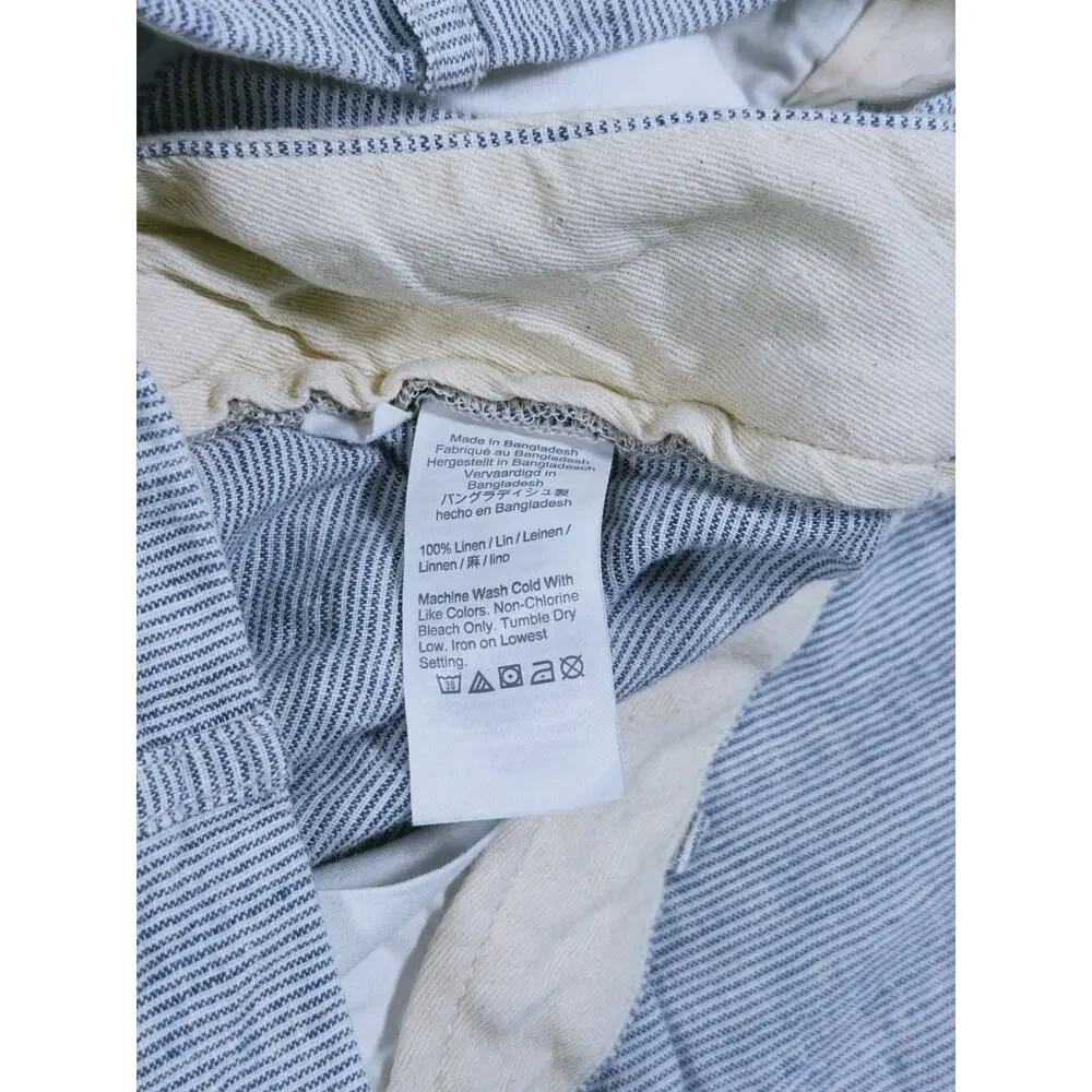 J. CREW Mens 100% Linen Shorts Size 35 Blue White Pinstripe Coastal Preppy Beach